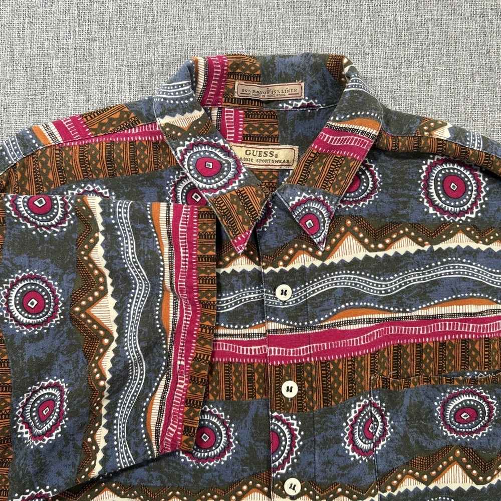 VTG 90s Guess Shirt Mens L Geometric Abstract Rayon Linen Loop Collar Aztec